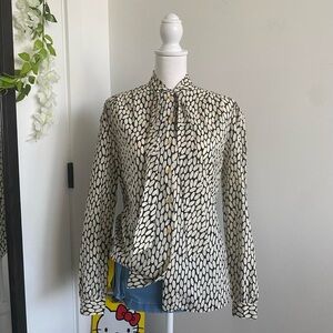 black and white silk button down blouse bow tie detail